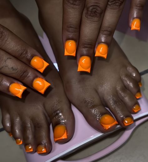 Orange Nails And Toes, Acrylic Nails And Toes Matching, Nails And Toes Matching Ideas, Acrylic Nails And Toes, Matching Nail And Toe Sets, Nails And Toes Matching, Spooky Sets, Orange Toe Nails, Nails And Toes