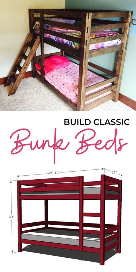 Diy Bunk Beds Plans, Bunk Bed Plan, Girls Room Organization, Bed Tutorial, Kids Beds For Boys, Girls Room Diy, Bunk Bed Rooms, Bunk Bed Plans, Low Bunk Beds