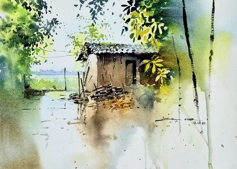 Watercolor Scenery Painting, Landscape Drawing Tutorial, Watercolour Landscape Painting, Loose Watercolor Paintings, Basic Watercolor, Watercolor Scenery, Watercolor Art Landscape, Watercolour Landscape, Watercolor Paintings For Beginners