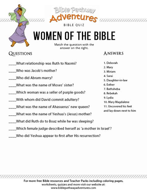 Enjoy our free Bible Story Quiz: Women of the Bible. Fun for kids to print and test their knowledge. Feel free to share with others! Mary, Ruth, Esther. Bible Quiz Games, Bible Quizzing, Christian Games, Adventure Bible, Women Of The Bible, Bible Worksheets, Bible Questions, Bible Quiz, Bible Activities For Kids