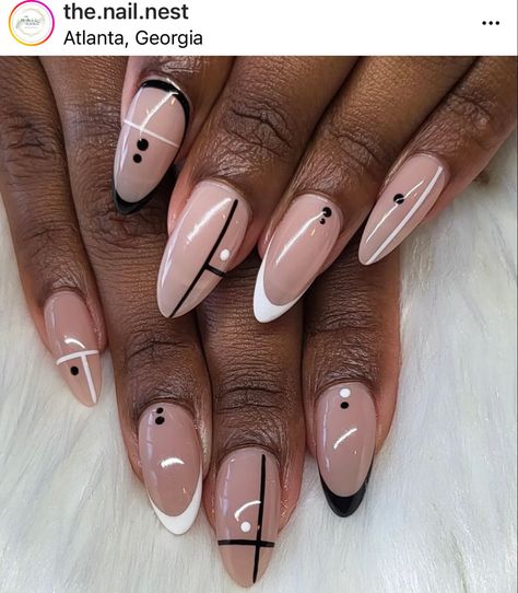 Almond shaped geometric design Heart Almond Nails Design, Line Nail Designs Almond, Fun Summer Nails Acrylic Almond, Short Fall Almond Nails, Black Almond Nail Ideas, Nail Shape Chart, Fall Almond Nails, Line Nail Designs, Almond Acrylic Nails Designs