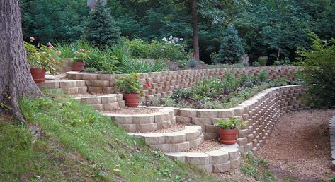 Garden Wall Retaining Wall Block Keystone Retaining Wall, Terraced Patio Ideas, Backyard Retaining Walls, Retaining Wall Blocks, Terraced Backyard, Garden Retaining Wall, Railroad Ties, Concrete Retaining Walls, Sloped Backyard