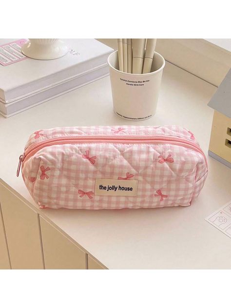 Large Capacity Candy Colored Checkered Bow-Knot Stationery Pouch For Study Tools StorageI discovered amazing products on SHEIN.com, come check them out! Preppy Pencil Pouch, Pencil Case Aesthetic, Studio Rosa, Diy Stationery Organizer, Stationery Pouch, Sweet Makeup, Backpack Accessories, Rose Bonbon, School Accessories