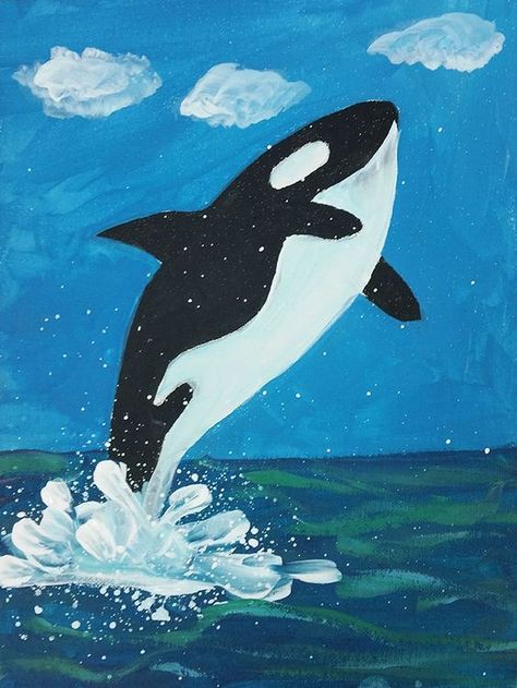 Killer Whale Painting: Suitable for kids 8+ | 1 hr step by step ... Creative Drawing Ideas, Kids Canvas Painting, Drawing Ideas For Kids, Whale Painting, Animal Art Projects, Kids Canvas, Step By Step Painting, Camping Art, Art Drawings For Kids