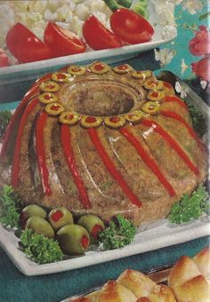 Jellied Beef Mold.  Picture a young bride in 1959, when this recipe was published, lovingly serving this thing to her husband.  Imagine the husband's forced polite response. Mold Recipes, 70s Food, Jello Mold Recipes, Gelatin Molds, Gelatin Recipes, Gross Food, Jello Mold, Jello Salad, Jello Recipes