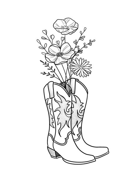 Western Inspired Sleeve Tattoos, Line Art Flower Tattoo Arm, Flower Cowboy Boots Tattoo, Cowgirl Boots With Flowers Drawing, Cowgirl Hand Tattoo, Tattoos For Back Of Leg, Cow Skull Tattoo Stencil, Cowgirl Cricut Ideas, Cowboy Boot Tattoo Design