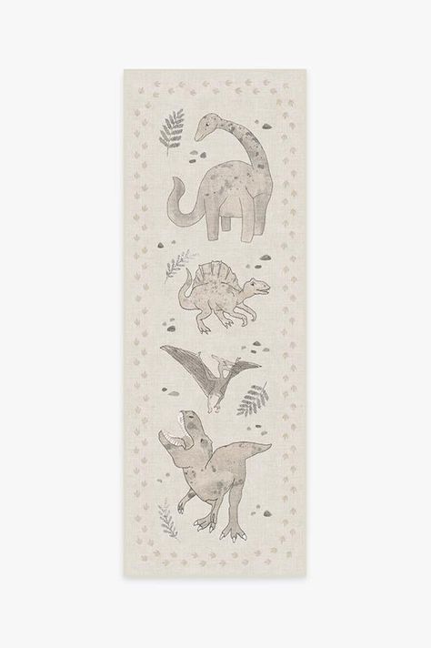 Our Dinosaur Parade Warm Grey Rug will make your child roar with delight. Washed in watercolor hues of neutral grey, this kids rug showcases a herd of baby dinosaurs, including a pterodactyl, T. rex, triceratops, brontosaurus, parasaurolophus, stegosaurus, velociraptor, and spinosaurus. A footprint border finishes the Jurassic look to bring adventure and fun to any playroom or nursery. | 75 cm x 215 cm | Machine Washable Runner Rug | Kid & Pet Friendly | Indoor Rug | Dinosaur Parade Warm Grey Rug | Ruggable Nursery Ruggable, Ruggable Runner, Washable Runner Rug, Gray Runner Rug, Ruggable Rug, Kids Rug, Entryway Bathroom, Baby Dinosaurs, Grey Rug