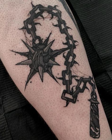 Whiskey Barrel Tattoo Parlour on Instagram: "Dark illustrative mace, made by our artist @inked_snowflake currently taking bookings DM or email for appointments #mace #macetattoo #flailtattoo #weapontattoo #legtattoo #darktattoo #darkart #darkartists #illustrative #illustrativetattoo #blacktattoo #blackandgreytattoo #melbournetattoo #yarravilletattoo #footscraytattoo #femaleartist" Witch King Flail Tattoo, Mace Tattoo Blackwork, Mace And Chain Tattoo Design, Traditional Mace Tattoo Design, Chain Mace Tattoo, Flail Tattoo Blackwork, Mace Tattoo Traditional, Mace Tattoo Design, Medevil Tattoo Designs