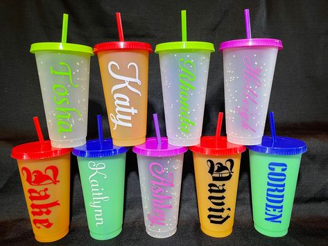 Quench your thirst with these amazing color changing cups. Personalize them for everyone and fill them with your favorite cold drink. - 24oz capacity. - Lids and straws are included! - Message me for bulk orders (more than 15). - Color change effect is dependent on ambient temperature. ~ Wash before first use. ~ Hand wash only. ~ No abrasive cleaners. ~ Not microwave safe. ~ Not dishwasher safe. (To prolong the life of your vinyl decal) Charger Plates, Personalized Tumblers, Cold Drinks, Dishwasher Safe, Color Change, Selling On Etsy, Vinyl Decals, Etsy App, Sell On Etsy