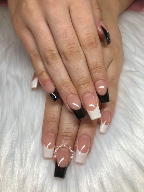 Aprés GelX Black and White Frenchies Black And White Frenchies Nails, Black And White French Tips, Black And White French Tip, Black And White French Tip Nails, Short French Tip Nails, Black French Nails, Natural Acrylic Nails, White Acrylic Nails, Grunge Nails