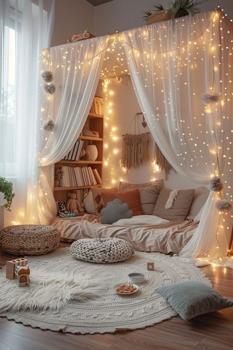 Fairy Lights Girls Bedroom, Fairy Lights Decor Living Room, Enchanted Playroom, Living Room Fairy Lights Ideas, String Lights In Bedroom, Playroom Canopy, Fairy Lights Bedroom Ideas, String Lights Bedroom, Bedroom Fairy Lights