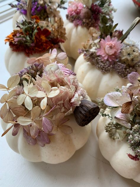 Perfect, petite white pumpkins decorated with ethereal dried flowers make the best fall decor you could possibly ask for. Decorating Pumpkins With Dried Flowers, Mini Pumpkin Flower Arrangements, Dried Flower Pumpkin, Flower Pumpkins, Pumpkins Decorated, Wedding Centerpieces Mason Jars, Elegant Wedding Centerpiece, Pumpkin Flower, Mason Jar Wedding