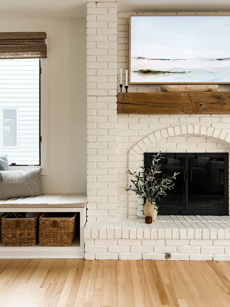 How to Paint a Brick Fireplace + What Paint to Use - Home with Janny White Wash Brick Fireplace, Brick Fireplace Wall, Red Brick Fireplaces, White Brick Fireplace, Painted Brick Fireplace, Painted Brick Fireplaces, Brick Fireplace Makeover, White Wash Brick, Paint Fireplace