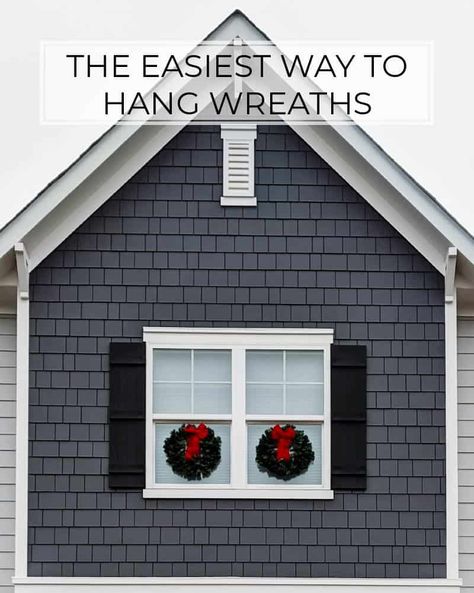 How To Hang Wreaths On Windows, Wreaths For Christmas, Christmas Wreaths For Windows, Hanging Wreaths, Outdoor Christmas Wreaths, Exterior Windows, Farmhouse Window Treatments, Geometric Wood Wall Art, Geometric Wood Wall