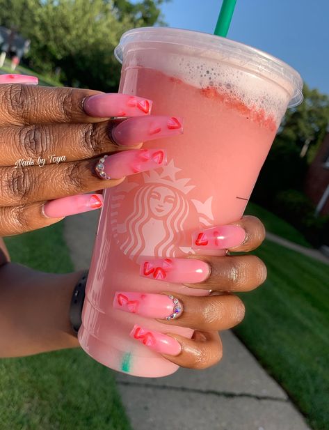 Strawberry Pink Nails, Pink Drink Nails, Starbucks Nails, Strawberry Nails, Nail Pics, Gold Quotes, Infinity Nails, Glitter Nails Acrylic, Dark Party