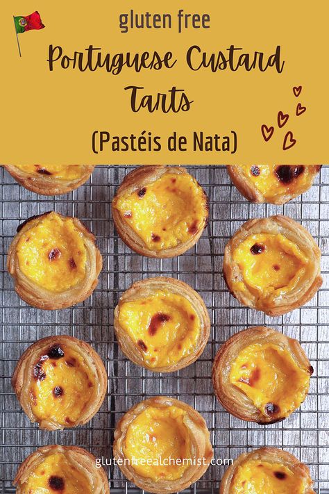 Gluten Free Egg Tart, Gluten Free Portuguese Custard Tarts, Gluten Free Puff Pastry Recipe Desserts, Gluten Free British Recipes, Gluten Free Tarts, Gluten Free Tart Recipe, Gf Pastries, Gf Pastry, Portuguese Custard Tart Recipe