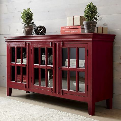 Rojo Red 62" Media Console | Crate and Barrel Buffet With Glass Doors, Red Buffet, Entertainment Console Decor, Red Tv, Modern Media Console, Console Cabinet, Buffet Cabinet, Media Console, Sideboard Buffet