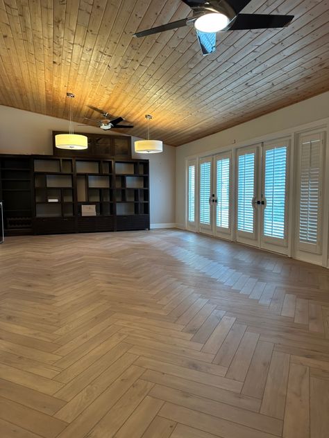 Cedar ceiling & luxury vinyl herringone floor Parquet Ceiling, Cedar Ceiling, Herringbone Wooden Floors, Yoga Shala, Tongue And Groove Ceiling, Wood Ceiling, Herringbone Floor, Wooden Ceilings, Street Design