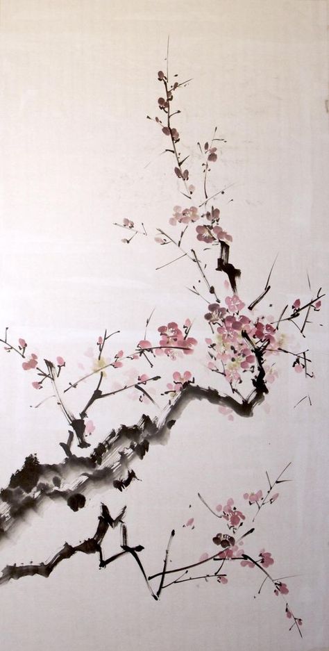 Sumi E Cherry Blossom, Sakura Painting, Japanese Ink Painting, Cherry Blossom Painting, Sumi E Painting, Japanese Watercolor, Acrylic Painting Ideas, Flow Painting, Cherry Blossom Art