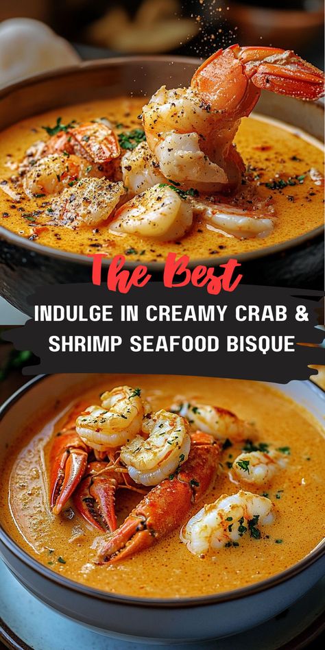 Dive into the rich flavors of this creamy crab and shrimp bisque, packed with seafood goodness. Perfect for a cozy dinner, this bisque is made with fresh ingredients and spices, creating a delightful bowl of warmth and comfort. Ideal for impressing guests or treating yourself! Crab Recipes Dinner, Crab And Shrimp Bisque, Seafood Bisque Recipe, Shrimp Bisque, Crab Recipe, Crab And Shrimp, Seafood Bisque, Crab Dishes, Creamy Crab