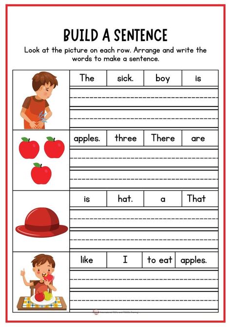 Look at the picture on each row. Arrange and write the words to make a sentence. Build A Sentence, Sentence Building Worksheets, Writing Sentences Worksheets, Sentence Writing Activities, Making Sentences, Teach English Online, Reading Comprehension Kindergarten, English Learning Books, Kindergarten Reading Activities