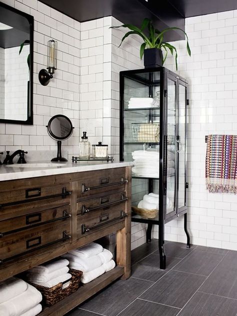 25+ Masculine Bathroom Ideas & Inspirations | Man of Many Masculine Bathroom Design, Masculine Bathroom, Mens Bathroom, Farmhouse Bathroom Decor Ideas, Modern Bathroom Cabinets, Bathroom Design Trends, Industrial Bathroom, Modern Farmhouse Bathroom, Brick Walls