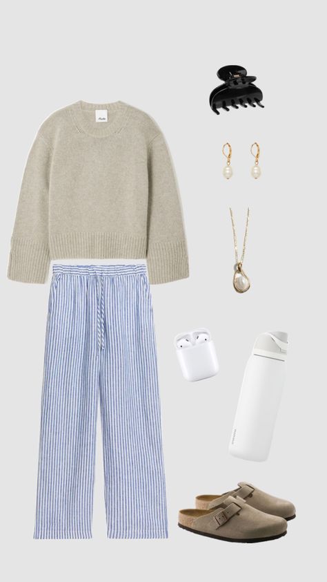 Blue Striped Pants Outfit, White Striped Pants Outfit, Striped Linen Pants Outfit, Blue Linen Pants Outfit, White Linen Pants Outfit, Stripe Pants Outfit, Blue Linen Pants, Linen Pants Outfit, Boston Clogs