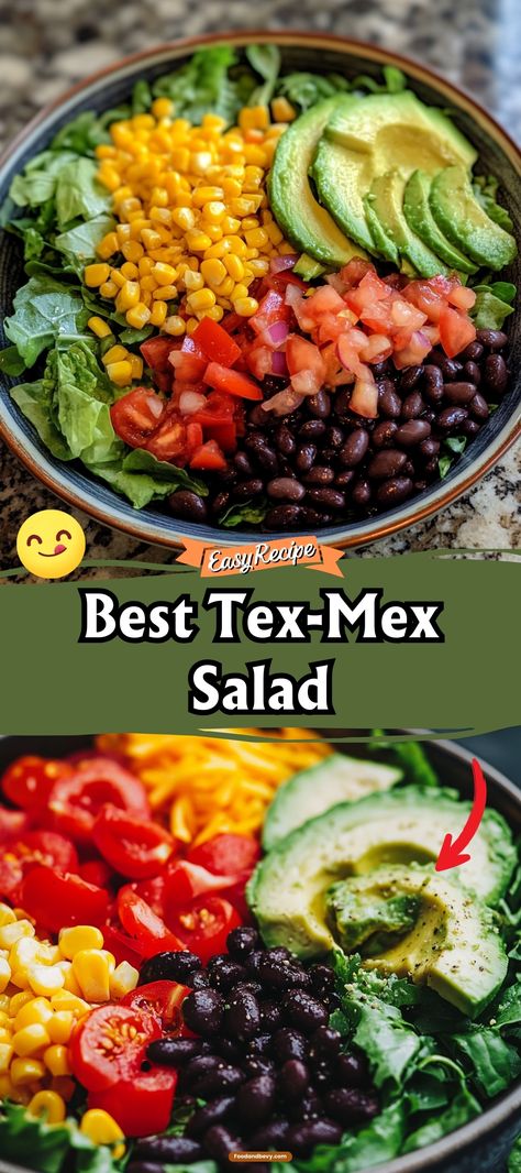 Indulge in the bold flavors of a Tex-Mex Salad, a hearty combination of black beans, corn, avocado, and tomatoes, dressed with a zesty lime vinaigrette and topped with crunchy tortilla strips. This salad is as colorful as it is delicious, making it a perfect meal for those who love a little spice. #TexMexSalad #HealthyEats #SpicySalad Midwestern Taco Salad, Tex Mex Chopped Salad, Tex Mex Christmas Dinner, Taco Salad No Meat, Veggie Taco Salad, Mex Salad, Tex Mex Salad, Black Bean Corn Salad, Mexican Salad