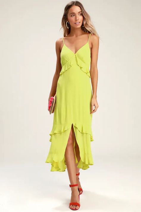 tier sundress ruffle - Lulus Search Lime Green Midi Dress, Green Ruffle Dress, Ruffled Midi Dress, Lime Green Dress, Dresses Lulus, Spring Wedding Guest Dress, Lulus Dresses, Midi Ruffle Dress, Different Dresses