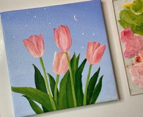 Painting Simple Flowers Acrylic, Things To Paint Flowers, Painting Astethic, Things To Paint On A Canvas, Things To Paint Aesthetic, Cute Pink Paintings, Canvas Painting Ideas For Beginners, Canvas Painting For Beginners, Art Collages