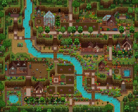 Hillside Farm Stardew, Stardew Valley Farm Layout Mountain, Stardew River Farm Layout, Hilltop Farm Stardew Valley Layout, Stardew Valley Farm Layout Four Corners, Stardew Decor, Minecraft V, Stardew Farm, Hillside Farms