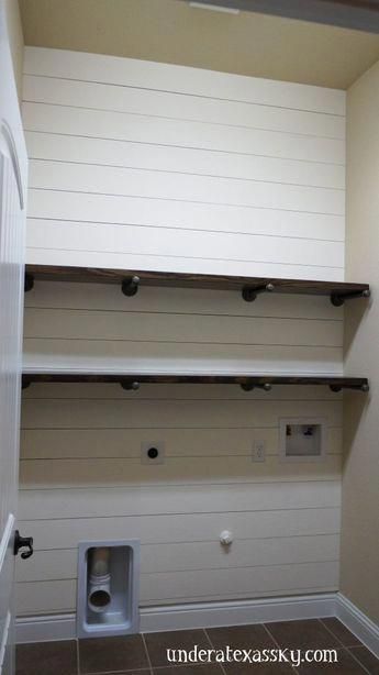 Shiplap Laundry Room, Laundry Room Storage Shelves, Laundry Room/mud Room, Small Laundry Room Organization, Room Storage Diy, Shiplap Accent Wall, Farmhouse Laundry, Farmhouse Laundry Room, Laundry Room Inspiration