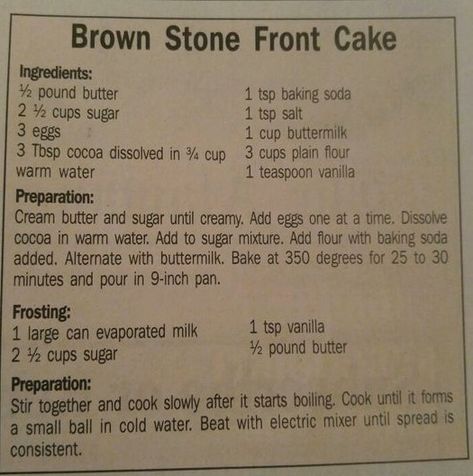 Vintage Recipes - Had a request for Brownstone Front Cake... Brownstone Front Cake Recipe, Apple Dump Cakes, Nutella Cake, Cake Hacks, Caramel Cake, Brown Stone, Cupcake Frosting, Cake Icing, Eat Dessert First