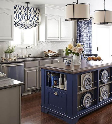 This practical island is painted in a rich cobalt to offset the simple gray and white of the kitchen cabinets: http://www.bhg.com/kitchen/island/colorful-kitchen-islands/?socsrc=bhgpin032915richcobalt&page=1 Colored Kitchen, Kitchen Cabinet Colors, Pantry Design, Blue Island, Blue Kitchens, Kitchen Redo, Kitchen Islands, Updated Kitchen, Kitchen Remodel Idea