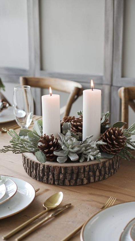 26 Christmas Centerpieces Diy Ideas » HomeQly.com Christmas Wood Table Decor, Christmas Decor Round Table, Advent Centerpiece Ideas, Christmas Centerpieces For Round Tables, Round Table Christmas Centerpieces, Wood Table Decor, Christmas Haul, White Pillar Candles, Centerpieces Diy