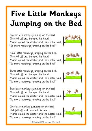 Five Little Monkeys Jumping on the Bed Song Sheets (SB11704) - SparkleBox Nursery Rhymes Poems, Monkeys Jumping On The Bed, Nursery Rhymes Lyrics, 5 Little Monkeys, Lullaby Songs, Jumping On The Bed, Children Songs, Monkey Jump, Kindergarten Songs