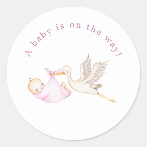 Pink Stork Baby Shower Round Sticker for $7.75 - Baby Shower Sticker Stork Baby Showers, Baby Stork, Baby Animal Drawings, Baby Shower Stickers, Christmas Baby Shower, Pink Blanket, Baby Drawing, Baby Clip Art, Baby On The Way