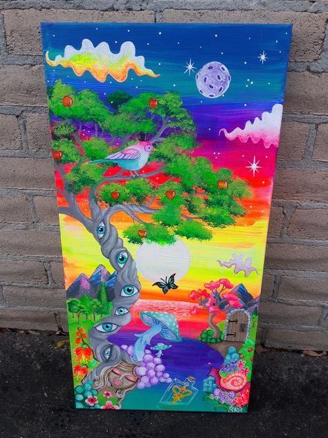 Acrylic painting by sara seibel Growth Painting Inspiration, Trippy Nature Painting, Trippy Sky Painting, Trippy Landscape Painting, Trippy Acrylic Painting, Bright Furniture, Trippy Iphone Wallpaper, Trippy Painting, Hippie Painting