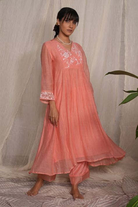 Peach Chikankari Chanderi Kurta for Women Embroidered Garden, Candy Stick, Mukaish Work, Chikankari Kurta, Red Kurta, Kurti Designs Latest, Fashion Sketches Dresses, Pattern Embroidery, Stylish Dresses For Girls