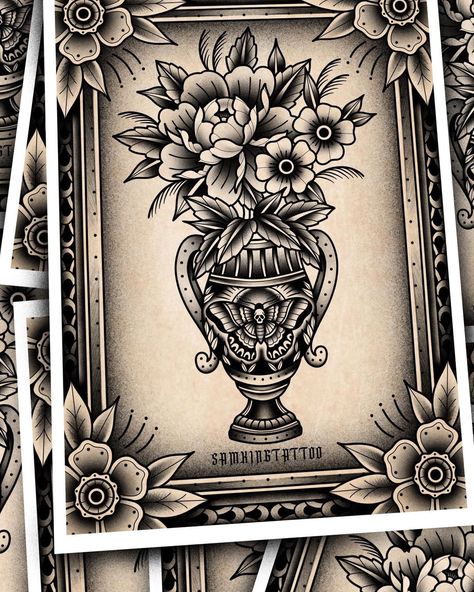 Traditional Tattoo Vase, Traditional Tattoo Prints, Sam King, Cool Tattoos For Girls, Optical Illusion Tattoos, Illusion Tattoos, Flower Bouquet Tattoo, Minimalist Tattoo Ideas, Traditional Tattoo Flowers