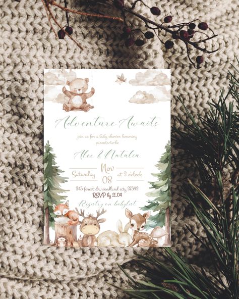 Woodland Baby Shower Invite, Baby Boy Shower Themes, Forest Baby Shower Theme, Forest Baby Shower Invitations, Fall Elements, Forest Fall, Adventure Awaits Baby Shower, Forest Baby Showers, Woodland Baby Shower Invitations