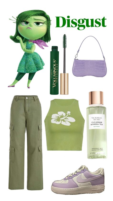 Inside Out 2 Disgust Outfit Inspiration #insideout2 #disgust #fashion Disgust Outfit Ideas, Disgust Inspired Outfits, Inside Out Disgust Outfit, Disgust Inside Out Outfit, Inside Out 2 Inspired Outfits, Inside Out Outfit Ideas Aesthetic, Disgust Inside Out Outfit Ideas, Disney Inspired Halloween Costumes, Inside Out 2 Outfits