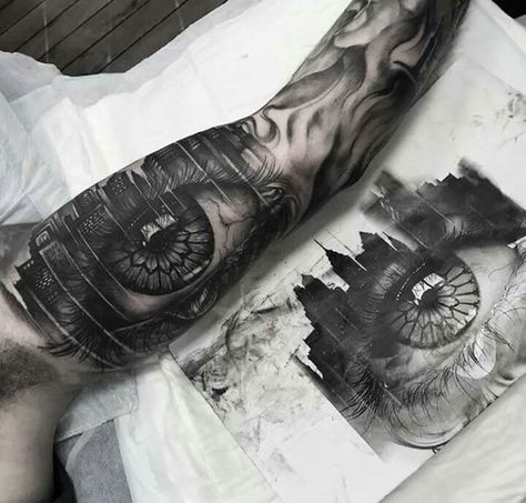 @batenchyk Inside Bicep Tattoo Mens, Inner Bicep Tattoo Men, Skin Tear Tattoo, Bicep Tattoo Men, Eyeball Tattoo, Inner Bicep Tattoo, Best Tattoo Ever, Forarm Tattoos, Bicep Tattoo