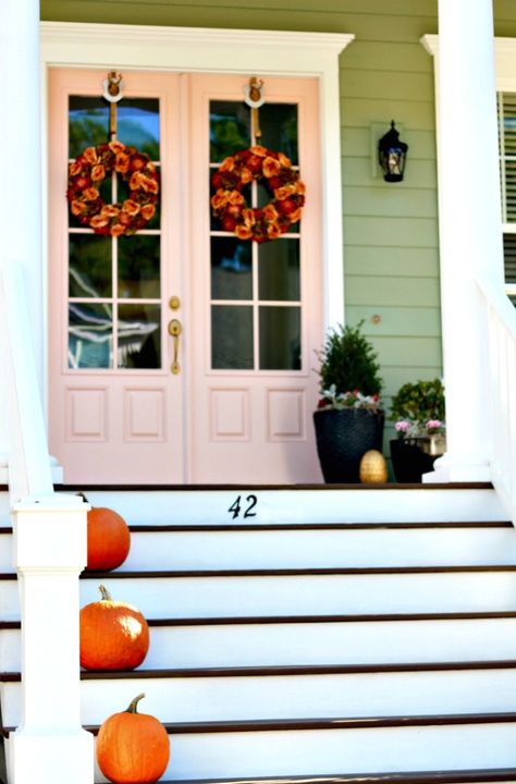 pink front door Front Porch Stairs, Simple Decorating Ideas, Pink Front Door, Porch Stairs, Stair Ideas, Simple Decorating, Garage Door Types, Garage Door Styles, Green Exterior