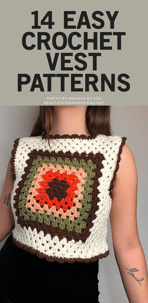 If you're looking for easy crochet vest patterns, I've got you covered. I'm sharing 14 beautiful crochet vest patterns for beginners. This 70s granny square sweater vest is perfect if you're looking for a stylish and simple project. Granny Vest Crochet Pattern, 70s Crochet Granny Square Vest, How To Style Crochet Vest, 70s Granny Square Vest, Crochet Vest Granny Square Pattern, Free Granny Squares Crochet Pattern, Crochet Granny Square Vest Pattern Free Easy, Granny Square Sweater Vest Pattern Free, Granny Square Vest Layout