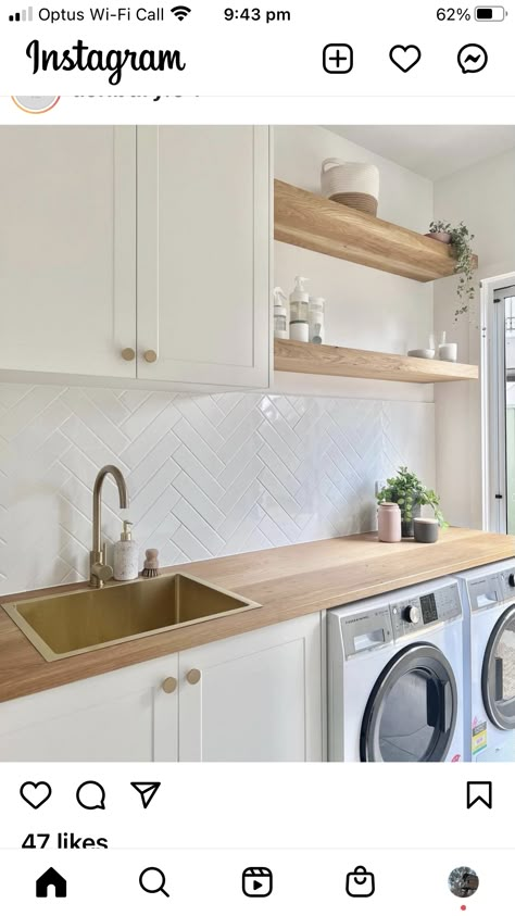 Terrazzo Laundry Room, Laundry In Cupboard, Laundry Room Ideas With Window Above Washer And Dryer, Laundry With Top Loader, Laundry Benchtop Ideas, Laundry Cupboard Organisation, Laundry Wooden Benchtop, Laundry Timber Benchtop, Laundry Splashback Tiles