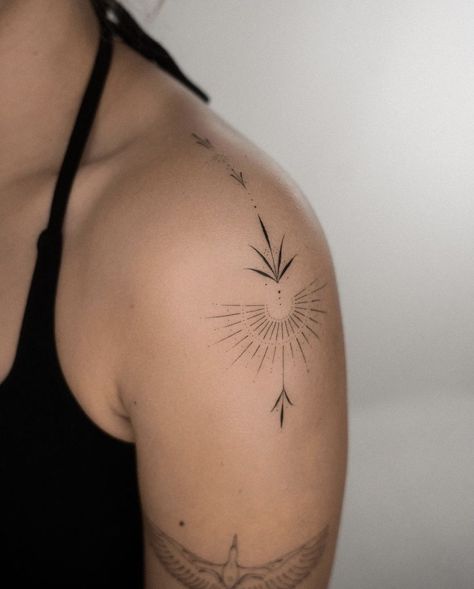 Tricep Tattoos Women Simple, Sunflower Ornamental Tattoo, Line Shoulder Tattoos For Women, Shoulder Line Tattoos For Women, Sun Collarbone Tattoo, Ornamental Shoulder Tattoos For Women, Arm Line Tattoos For Women, Top Of Shoulder Tattoos For Women Unique, Sun Chest Tattoo Female