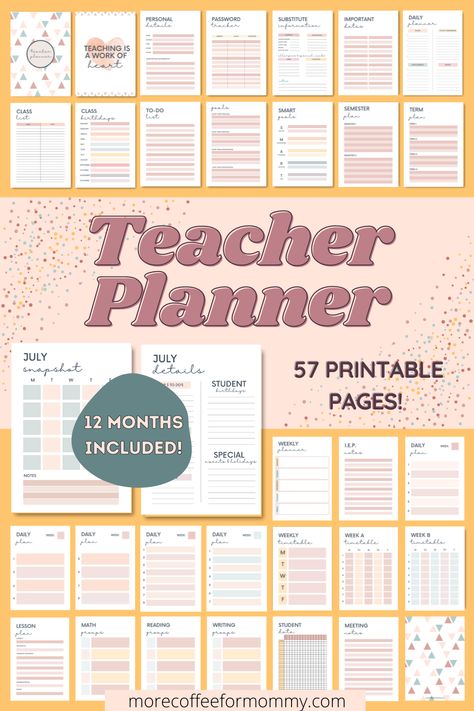 Free Printable Teacher Planner: 30+ Templates – More Coffee for Mommy Free Teacher Lesson Planner, Teaching Planner Templates, Teacher Weekly Planner Free Printable, Teacher Journal Planner, Teacher Binder Printables Free Templates, Teachers Planner Ideas, Free Digital Homeschool Planner, Teacher Planning Template, Weekly Teacher Planner Template