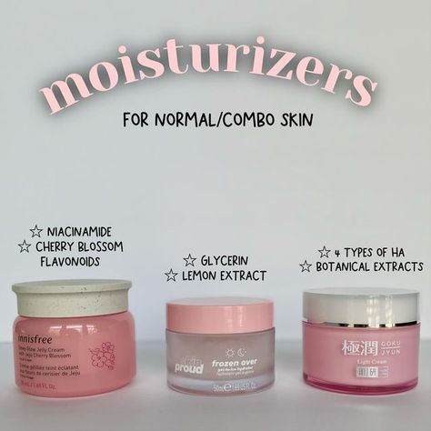 Elizabeth | skincare & k-beauty on Instagram: "MOISTURIZERS FOR NORMAL/COMBO SKIN (of course other skin types can use these, this is just a guide to help specific skin types) The 3 moisturizers I’m sharing today are: ▫️Suitable for spring/summer season ▫️Hydrating without feeling like a thick layer on the skin ▫️Wears well under makeup application ▫️OK for night routine (unless you prefer something denser at night) ___________________________________ @innisfreeusa Dewy Glow Jelly Cream — my go Combo Skin Skincare, Good Moisturizer For Combination Skin, Best Moisturizer For Normal Skin, Skincare For Normal Skin Type, Combo Skin Moisturizer, K Beauty Moisturizer, Korean Skincare For Combo Skin, Moisturizer For Combo Skin, Combo Skin Care Routine