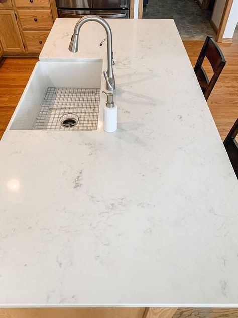 Noble White Quartz countertops. White With Grey Veins Quartz, White Quartz With Grey Veining, Light Quartz Countertops, Minimalist Small Bathrooms, White Quartz Countertops, Replacing Kitchen Countertops, White Quartz Counter, Quartz Kitchen Countertops, Quartzite Countertops